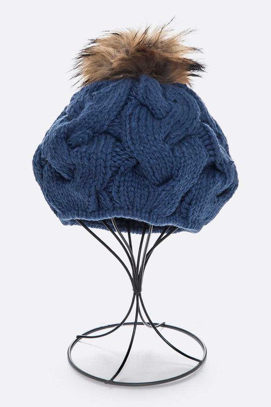 Large Fur Pom Cable Knit Beret Beanie