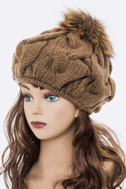 Large Fur Pom Cable Knit Beret Beanie