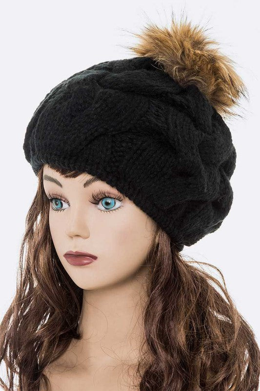 Large Fur Pom Cable Knit Beret Beanie