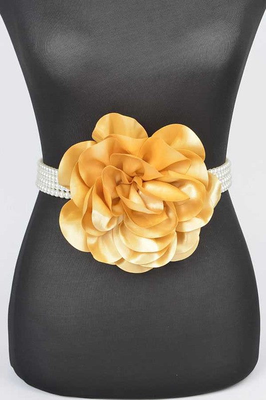 Oversize Satin Flower Pearl Strand Elastic Belt