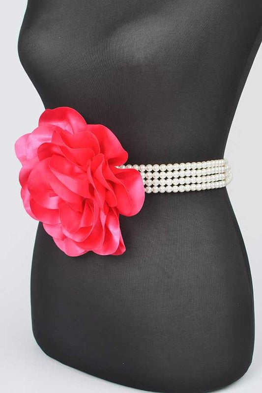 Oversize Satin Flower Pearl Strand Elastic Belt